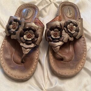 Clarks Artisan Comfort Bronze Leather Sandals with flower accents